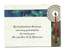 Vintage Christmas Card Art Deco Era SIMPLE SWEET Candle & Pines Gold Trim picture