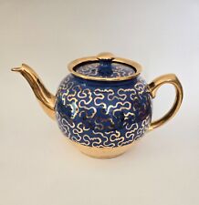 Vintage Sadler Teapot Blue Gold Two Tone Wave Design Made in England Retro picture