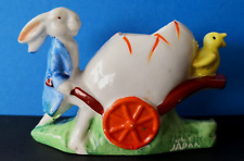Vintage Porcelain Rabbit In Coat Pushing Egg Cart W/Chick Vase Japan picture