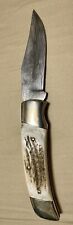 Damascus Folding Knife. Deer Stag Handle. Hand Made. picture