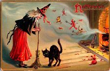 Vintage Tuck's Witch, Broom, Hat,Black Cat, Ghoul,Devil, Fire,Halloween Postcard picture