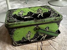 Antique 1920s Art Deco Tin Lunch Box Biscuit Tin Featuring Children At Play, Dog picture