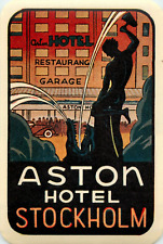 Aston Hotel ~STOCKHOLM - SWEDEN~ Beautiful Old Luggage Label, circa 1945  MINT picture