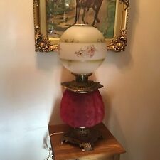 Antique 27” Oil Converted Electric Ruby Red Satin FANCY 3 Way Table Lamp W/shade picture