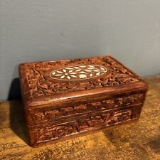 Antique Vintage Hand Carved Wooden Inlaid Trinket Or Jewelry Box 6” X 4” picture
