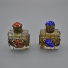 2 Antique Miniature Czech Perfume Bottles Brass Filigree Blue Red Cabochon AS IS picture