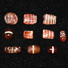 Lot Sale 10 Ancient Tibetan Himalayan Etched Carnelian & Luk Mik Stone Beads picture