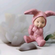 Vintage 1990s Hobbyist Ceramic Child Boy Pink Bunny Outfit Jammies Figurine picture