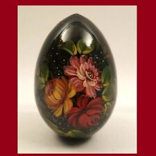 Vintage Russian Hand Painted Lacquer Egg Hand Made Floral Design Black & Gold picture