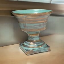 Vintage Stangl Turquoise & Golde Striped Ceramic Pedestal Vase picture