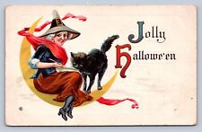J99/ Halloween Postcard Holiday Greetings c1910 Witch Cat Moon 332D 486 picture