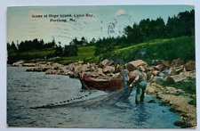 1913 ME Postcard Portland Casco Bay Hope Island fishermen fishing nets boat picture