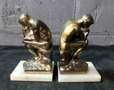 1928 Rodin Statue The Thinker Thinking Man Brass & Marble Base Bookends picture