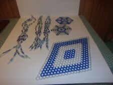 VINTAGE BLUE & CRYSTAL BEADED PLANT HOLDERS & MATCHING DOILIES picture