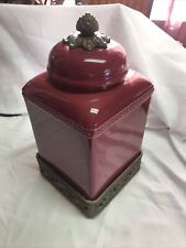 Garacious Goods Cranberry Canister 13 1/2 Tall X  6  1/2 Sq Metal Base Scroll picture