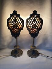 Pair French Antique Victorian Boudoir Mantel Lamps Ornate Filigree Cast Metal picture