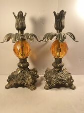 Vintage 60s Pair Hollywood Glam MCM Brass & Crystal Candlestick Holder/Lamp Base picture