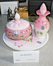 Fenton Pink White Rosalene Dresser Vanity Set 3 Piece Hand Painted Signed Ltd Ed picture