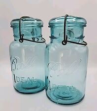 2 VTG Ball Ideal Blue Glass Wire Bail Pat July 14 1908 Quart Canning Jar #7 + #8 picture