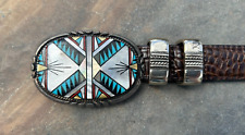 Vintage Zuni Inlay Belt Buckle Sterling Silver Turquoise Onyx Coral Late 1970's picture