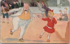 c1910s ROLLER SKATING Greetings Postcard Grandpa & Little Girl 
