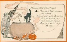 FA Owen Halloween Greetings Postcard~Antique~Witch Brewing Spell~~JOL~Cat~c1915 picture