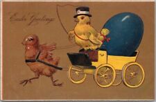 Vintage 1910s EASTER Embossed Postcard Brown Chick Pulling Yellow Chick in Cart picture
