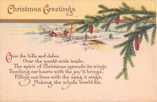 1929 Art Deco Christmas Motto Postcard of Pine Bough & Pine Cones & Snowy Scene picture