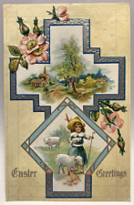 Easter Greetings, Shepherd Girl with Little Lambs, Cross, Embossed Postcard picture