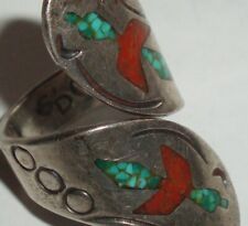 ANTIQUE NATIVE AMERICAN INDIAN STERLING RED CORAL ZUNI APACHE DUCK BIRDS RING picture