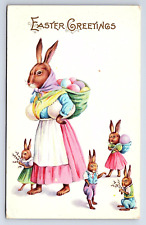 Postcard Easter Greetings Rabbits Carrying Eggs Human-Like Anthropomorphic picture
