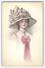 c1910's Pretty Woman Big Hat Handpainted Bow Ribbon Unposted Antique Postcard picture