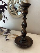 Antique Wood BARLEY TWIST 8” Candlestick candle holder Metal Top Old Farmhouse picture