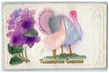 1912 Thanksgiving Greeting Turkeys And Flowers Airbrushed Mason City IA Postcard picture