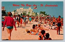 Beachgoers at Fort Lauderdale Beach US Flag VINTAGE Postcard picture