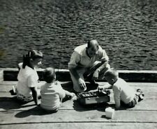 Man With Children Fishing On Dock Tackle Box B&W Photograph 3.5 x 5 picture