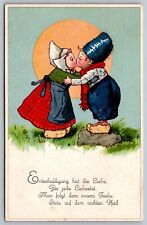 Antique Valentines Postcard Dutch Children Kissing Love Entschuldigung 1910s J1 picture
