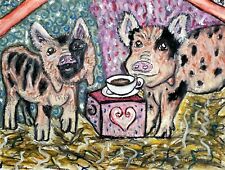 KUNE KUNE Mini PIG drinking Coffee KSams swine art pop SIGNED 5 x 7 PRINT picture