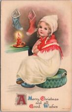 c1910s Wolf MERRY CHRISTMAS Postcard Girl Candle Stockings Un-Signed CLAPSADDLE picture