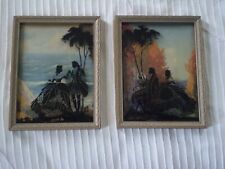 Pair of Convex Glass Silhouettes Colonial Couple In Wood Frames - No Hangers picture