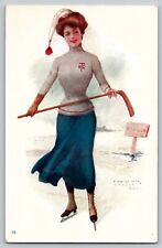 Pretty Lady Playing Hockey Miss Toronto Ice Skater Archie Gunn Vtg Postcard 1905 picture