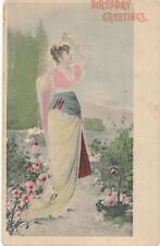 BIRTHDAY - Woman In Gown Hand Colored Birthday Greetings Postcard - udb picture
