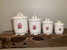 Vtg set of 4 Enesco White Canisters w/Lid Red Roses & Etching Decal E-0387, MINT picture