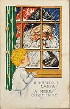 Antique Christmas Santa Clause in Window Child Looks Postcard c1910 picture