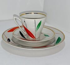 3 Piece Tea Cup Set Ukrainian SSR 1960s Porcelain Gold Rim Org Gr, Blk Vint Rare picture