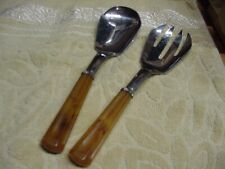 Vintage Salad Serving Set Utensils Spoon and Fork SHINY MARBLED Bakelite Handles picture