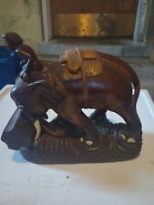 Vintage Antique large Hand Carved Wood Elephant With Rider Pushing Log picture