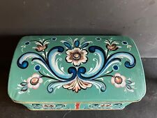 Norwegian Folk Art  - Painted Blue  Hinged Metal Box Marked Made In Norway picture