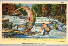 Postcard Walker MN Greetings from Exaggeration Fish Fishing River Minnesota Old picture