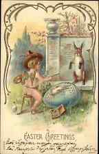 Easter Fantasy Fairy Painting Rabbit on Egg c1910 Vintage Postcard picture